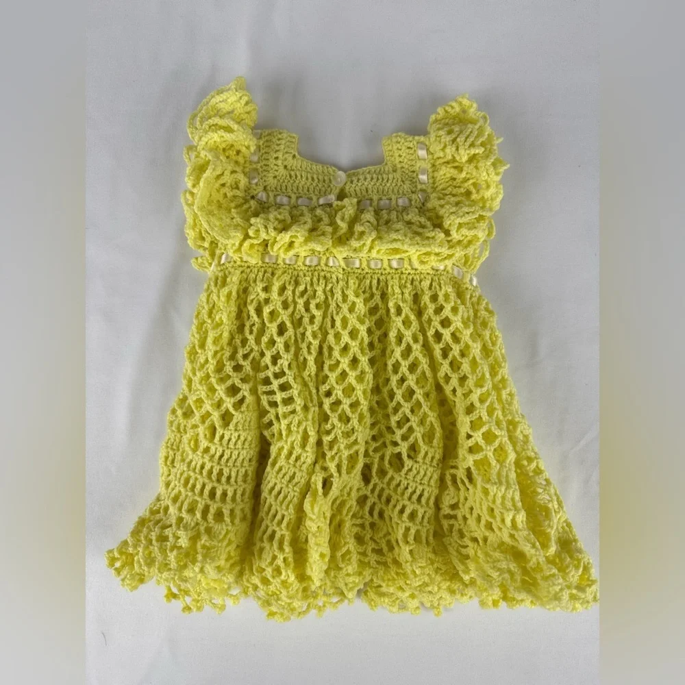 Handmade Yellow Crocheted Toddler Girls Dress - Picture 3 of 4